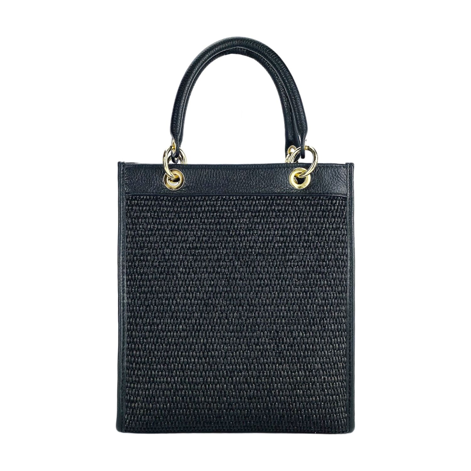 Italian Leather & Straw Handbag — Black