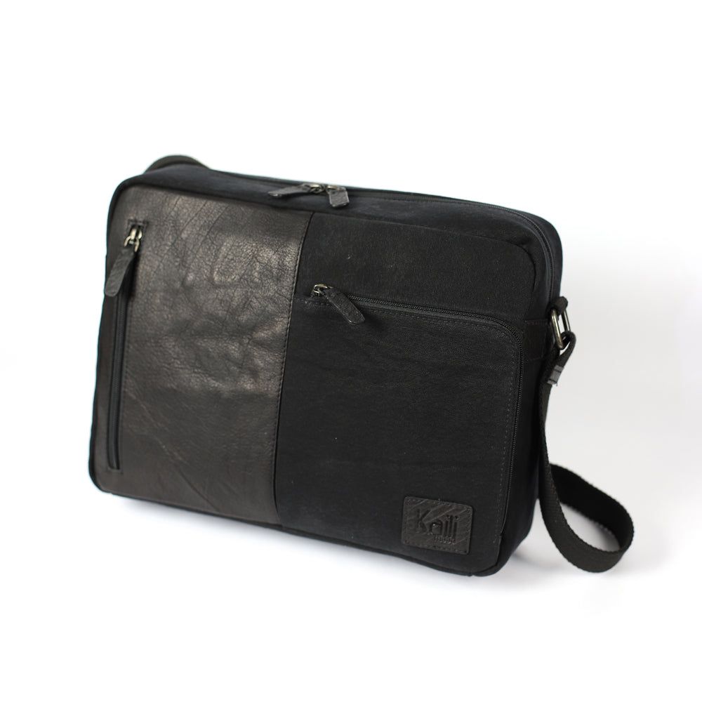 Italian Leather & Canvas Messenger Bag — Black