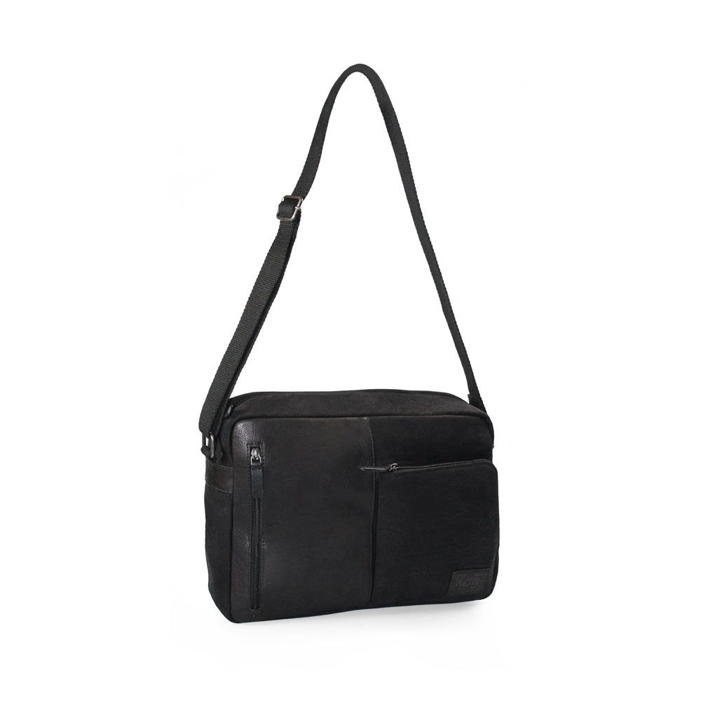 Italian Leather & Canvas Messenger Bag — Black