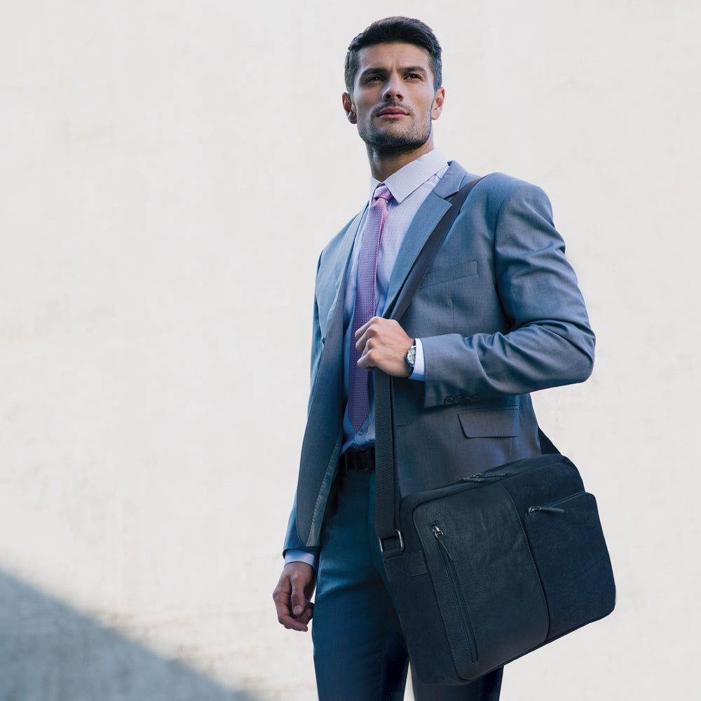 Italian Leather & Canvas Messenger Bag — Black